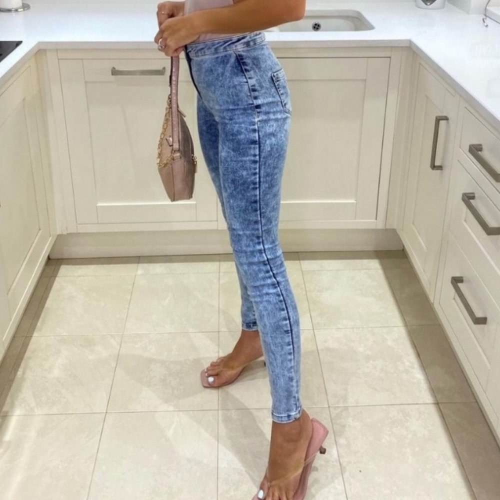 Blue Acid Wash High Waist Skinny Denim Jeggings Pants - Picture 6 of 8